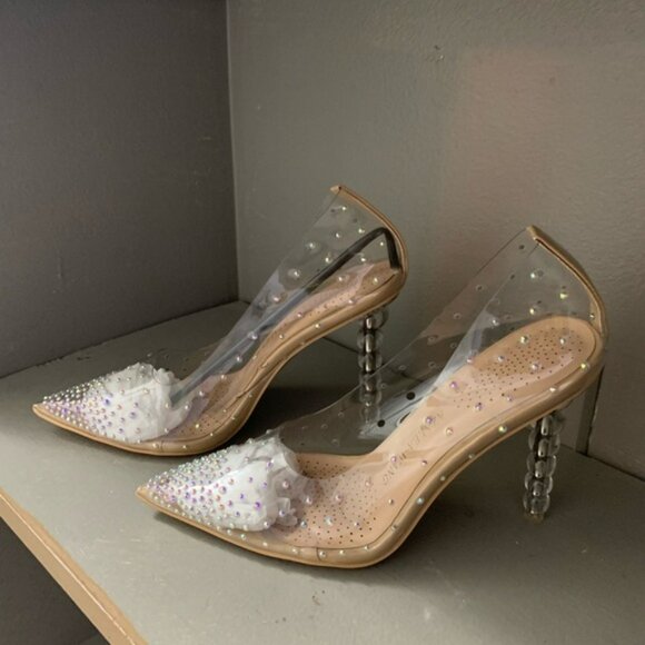 Elegant Clear and Tan Heels with Rhinestone Detailing - Picture 1 of 12